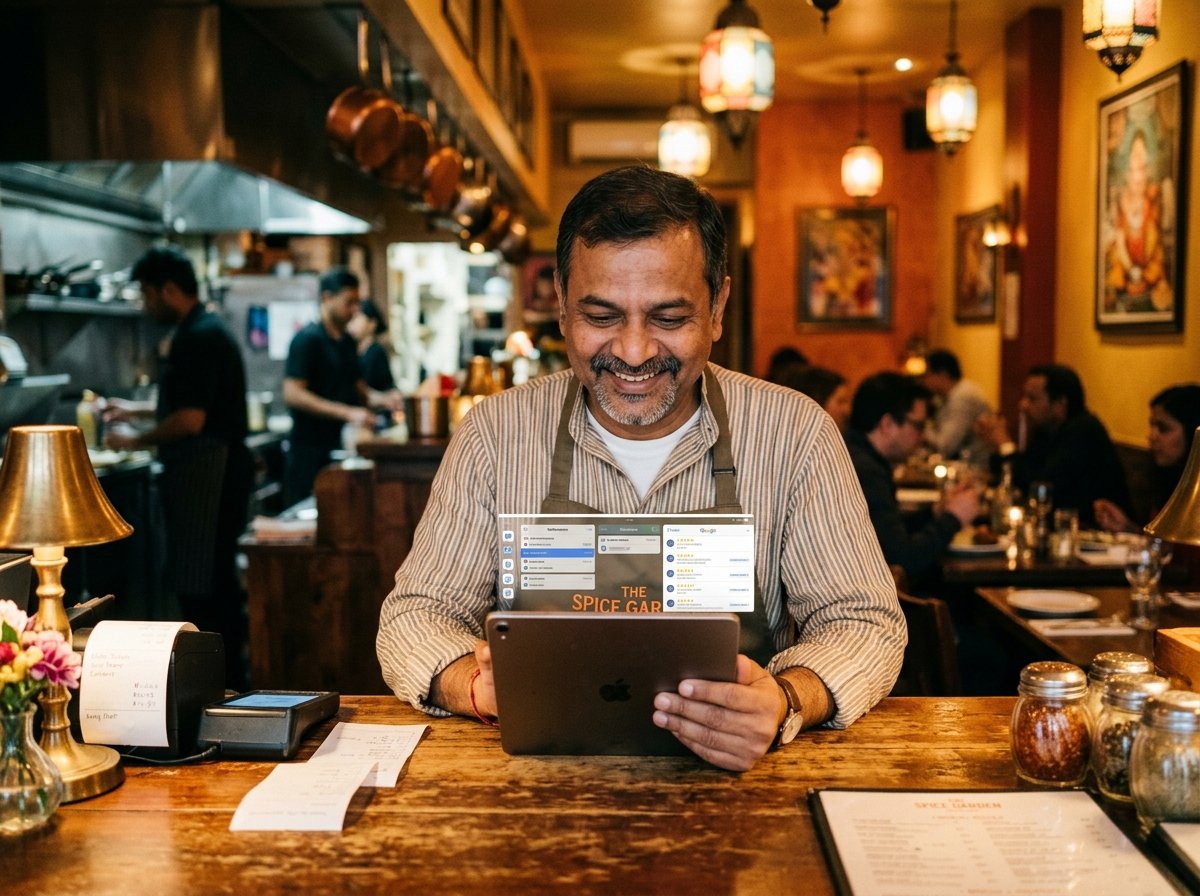 Restaurant owner checking new customer orders and Google reviews on a tablet